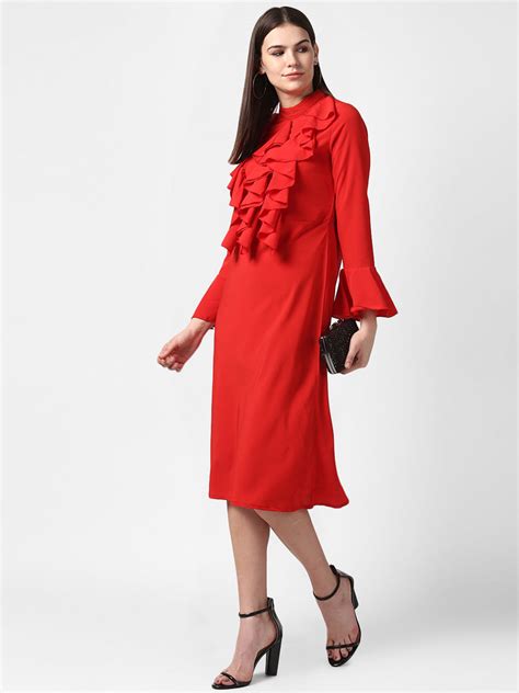 Women's Red Front Ruffle Bell Sleeve Dress – Stylestone