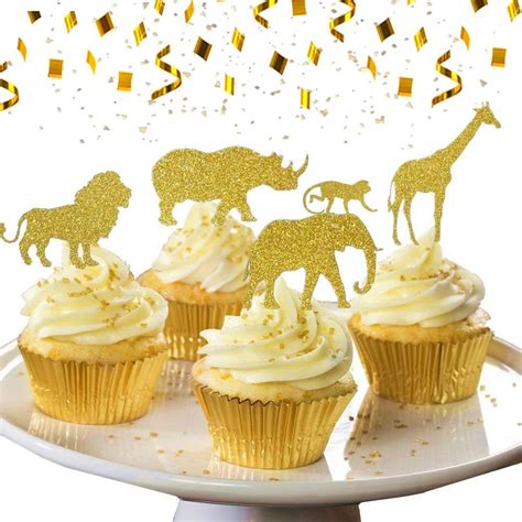 Buy JeVenis Gold Glitter Jungle Safari Animal Cupcake Toppers Jungle ...