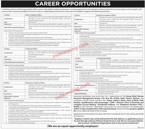 Banking Jobs in Pakistan 2018 for Compliance Officers & Others at Karachi Advertisement Latest