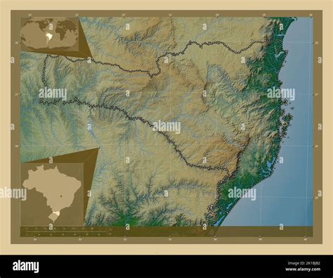 Santa Catarina, state of Brazil. Colored elevation map with lakes and rivers. Corner auxiliary ...
