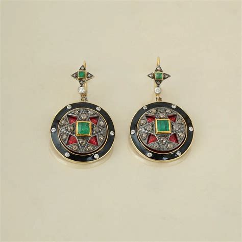 Pavia Gold Silver Diamond Emerald Red & Black Enamel Earrings – MOI ...