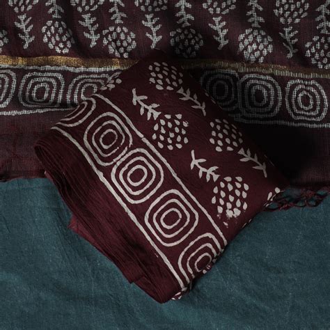 Maroon Hand Block Jaipur Print Cotton 3pc Unstitched Dress Material ...