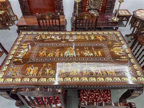 Rosewood Dining Table Set | 6 Seater | Dussehra Procession Inlay | 6x3 ...