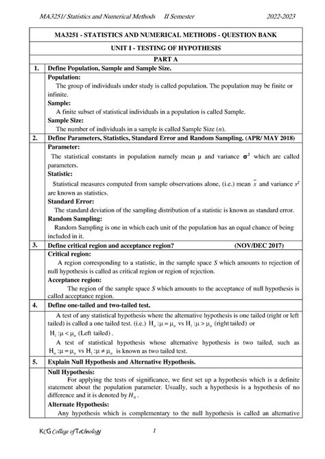 Snm part A question bank - 1 UNIT I - TESTING OF HYPOTHESIS **PART A ...