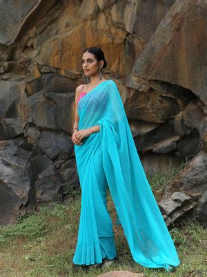 Buy Swtantra Turquoise Chiffon Saree With Bronze Lace Online
