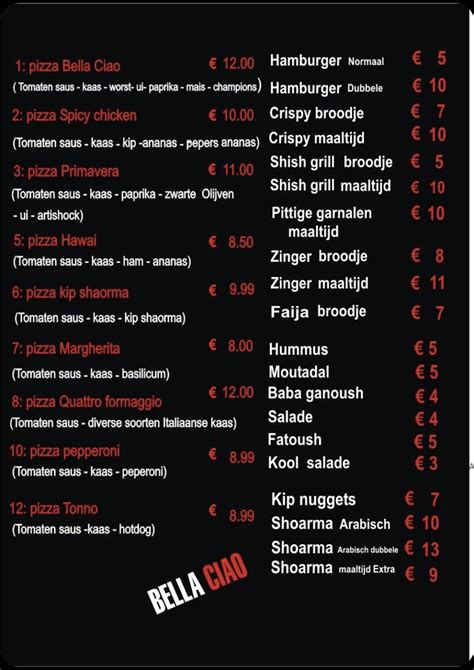 Menu au Bella Ciao Restaurant, Apeldoorn