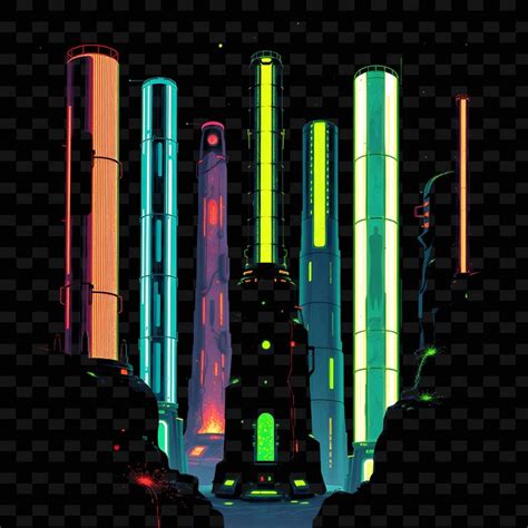 Set cylindrical towers with bioluminescent surfaces vertical structures ...