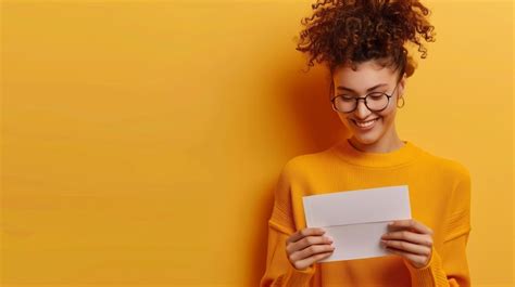Smiling woman reading a letter yellow background | Premium AI-generated ...
