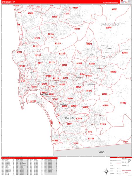 San Diego California Zip Code Wall Map (Red Line Style) by MarketMAPS ...