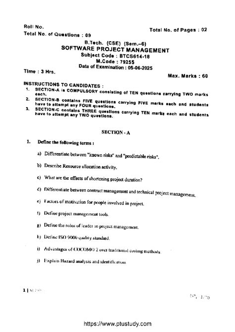 B.Tech. (CSE) Software Project Management Exam Paper - M.Code: 79255 ...