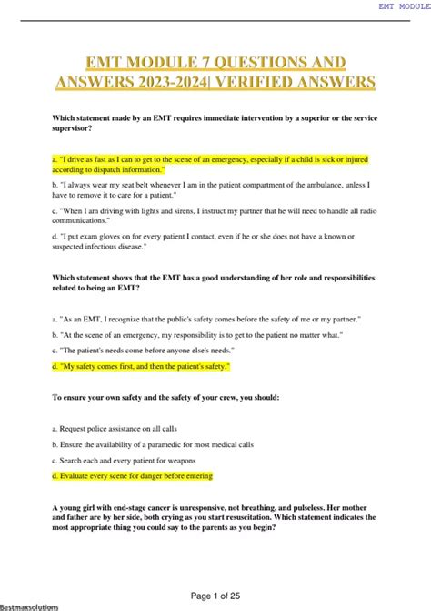 EMT MODULE 7 QUESTIONS AND ANSWERS | VERIFIED ANSWERS - EMT - Stuvia US