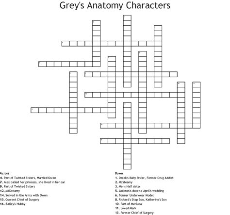 Grey’s Anatomy Crossword Puzzle Printable | Anatomy Worksheets - index of grey's anatomy