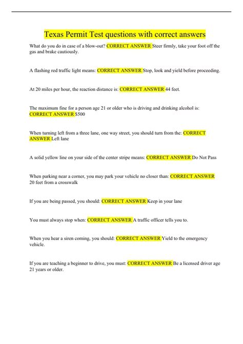 Texas Permit Test questions with correct answers - Permit - Stuvia US