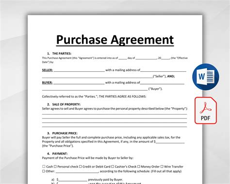Printable Purchase Agreement Template. Editable Purchase and Sale ...