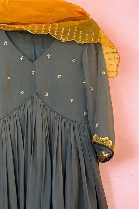 Grey Embellished Beads Kurta with Dupatta