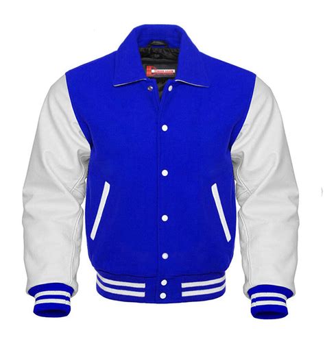 Men’s Royal Blue Wool & White Real Leather Collar Varsity Jacket ...
