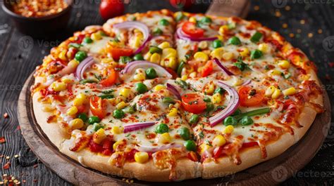 Enjoy the delicious flavors of a vegetarian pizza with fresh tomatoes ...