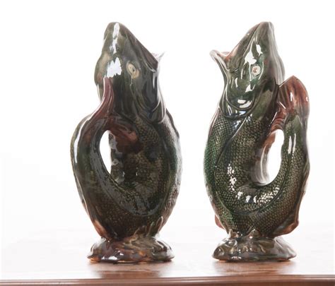 English Pair of Majolica Gurgling Fish Pitchers at 1stDibs