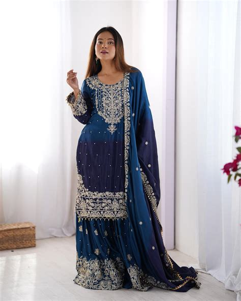 Ceremony Navy Blue Color Chinon Silk And Coding Dori With Sequence Wit ...