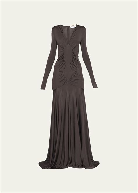 Saint Laurent Gathered V-neck Dress - Bergdorf Goodman