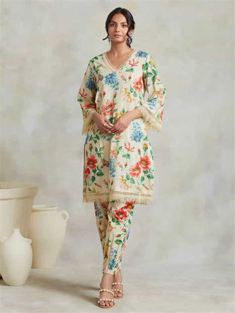 Buy Yellow Green Floral Printed Cotton Gathered Kurta with Pants- Set ...