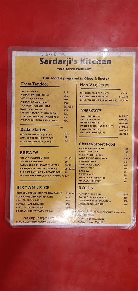 Menu at Sardarji's kitchen, Bengaluru, 10 balgere road varthur
