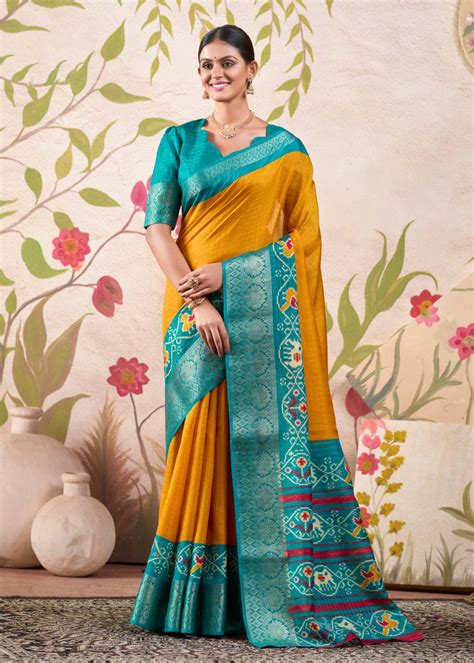 Mustard Tussar Saree with Patola Print & Weaving Border – bhagwatidesigner