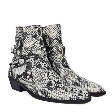 Jodhpuri Cuban Heel Boot in Black-White Snake Print Leather
