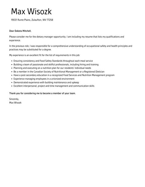 Dietary Manager Cover Letter | Velvet Jobs