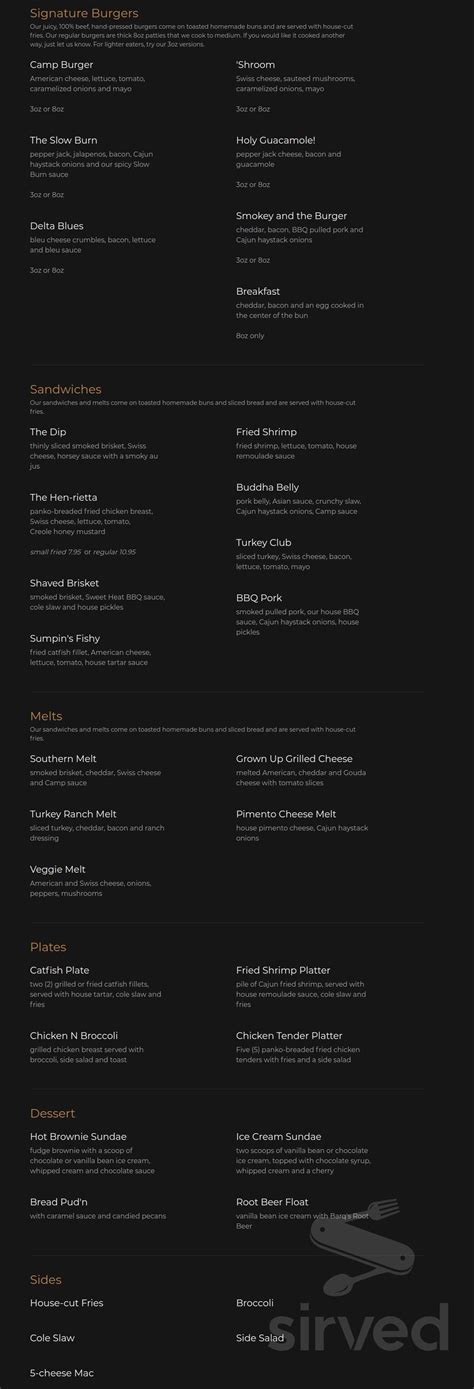 The Camp Restaurant menu in Natchez, Mississippi, USA