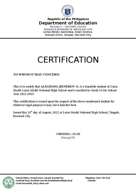 Certificate Of Enrollment Deped - Printable
