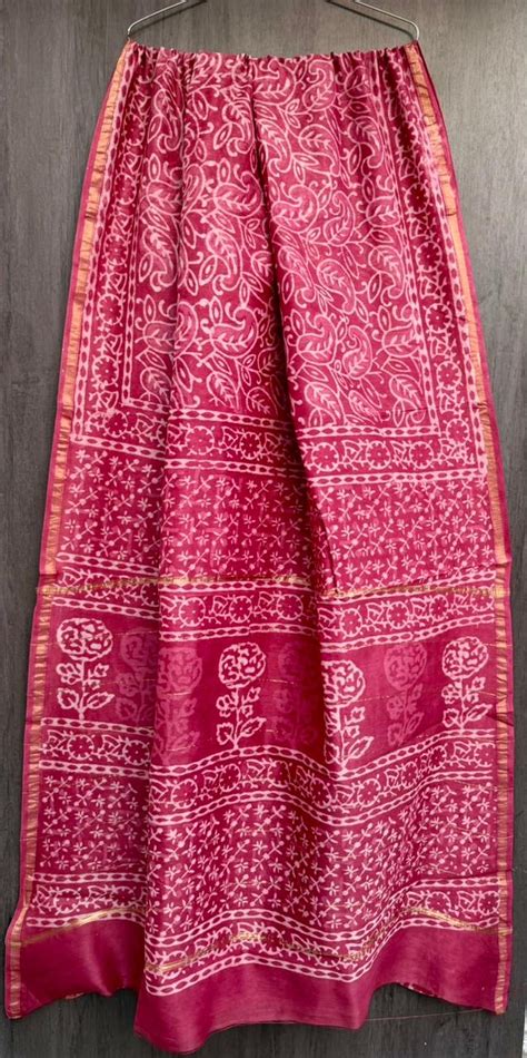 Chanderi Bagru Handblock Printed Silk Cotton Saree With Blouse - Rusty ...