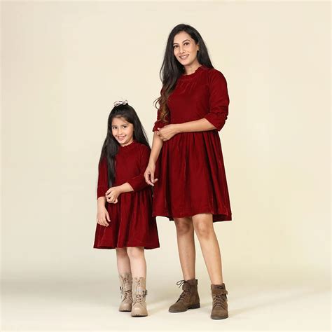 Twirl in Tandem: Maroon Samaira Velvet Dresses for Mom & Daughter