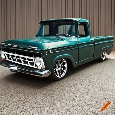 Dark green 1965 Ford F100 truck with lowered suspension and tinted ...