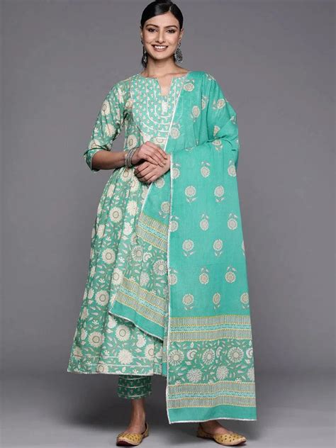 Buy Green Yoke Design Cotton Anarkali Kurta With Trousers & Dupatta ...
