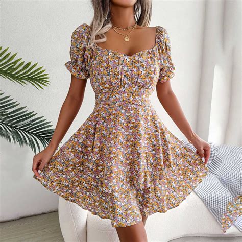 Floral Print V-Neck Short Sleeve Casual Dress for Women Lightweight ...