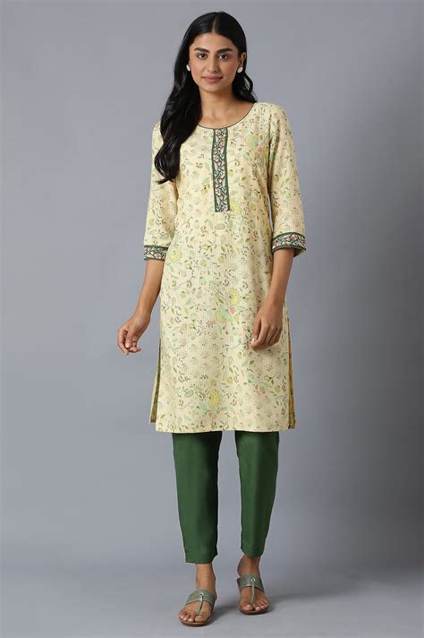 Buy Natural Floral Printed kurta In Round Neck With Olive Solid ...