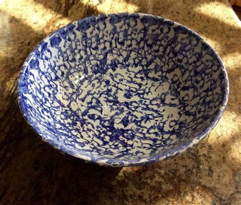 Vintage Large Pottery Pasta Bowl Blue White Sponge Ware Mixing Bowl ...