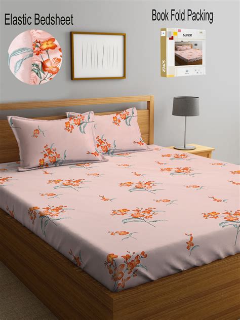 Klotthe Multi Floral 300 TC Cotton Blend Fitted Double Bedsheet with 2 ...