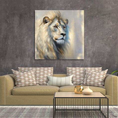 Wildlife Inspired White Lion Canvas Painting for Living Room Bedroom H ...