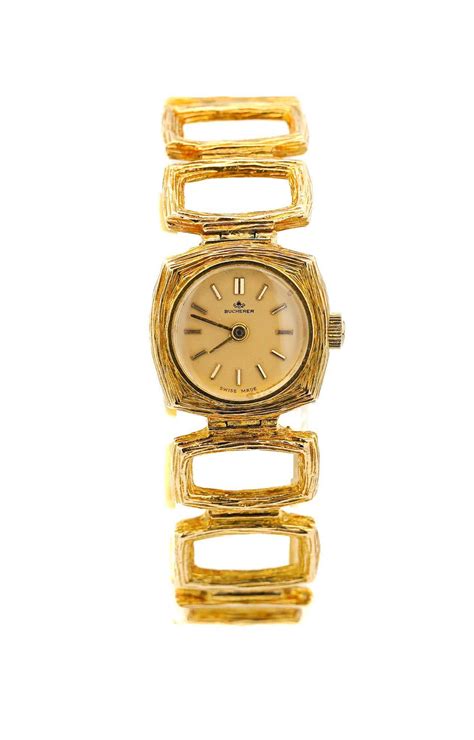 Vintage Bucherer 18K Gold Ladies Textured Square Link Bracelet Watch ...