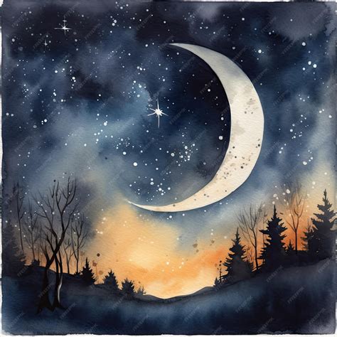 Premium AI Image | Night sky with moon and stars Watercolor painting Hand drawn illustration