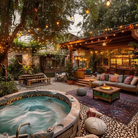 Boho Chic Outdoor Hot Tub with Patio Seating