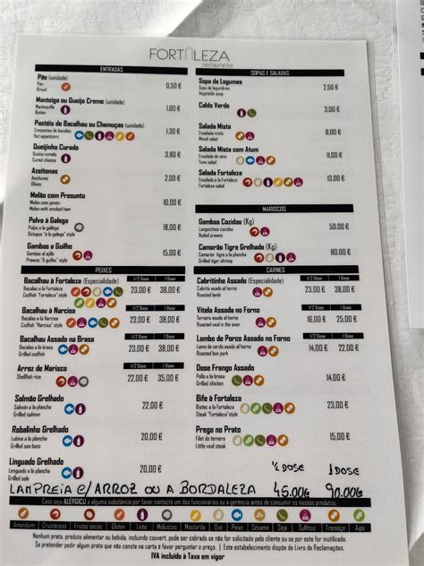 Carta del restaurante Fortaleza del Valença, Valença