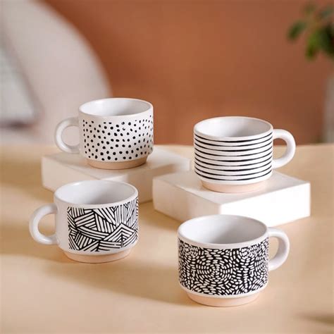 Stackable Premium Ceramic Cups With Stand - Set of 4 | Nestasia