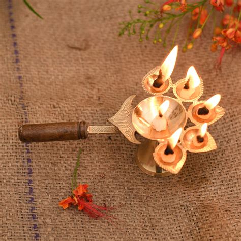 Collectible India Panch Aarti Brass Diya Oil Lamp Jyoti Puja - Metal ...