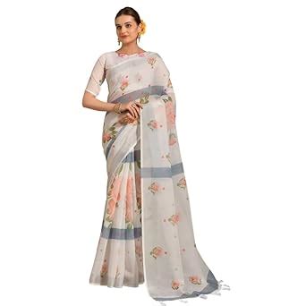 Kaizen Texo Fab Women's Linen Zari Patta Saree with Digital Floral ...