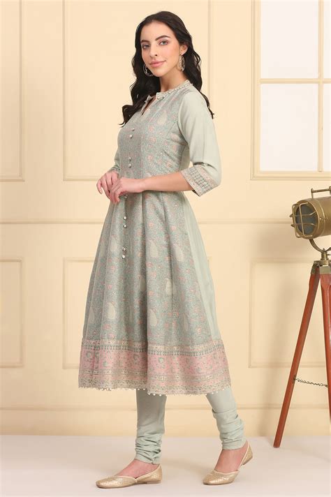 Buy Pastel Green Lace Embellished Flared Kurta, Cotton Churidar and ...