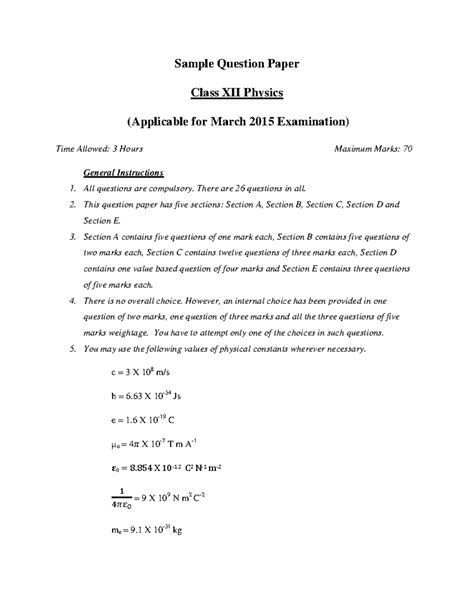CBSE Class 12 Physics Sample Paper for March 2015 Exam - Studocu