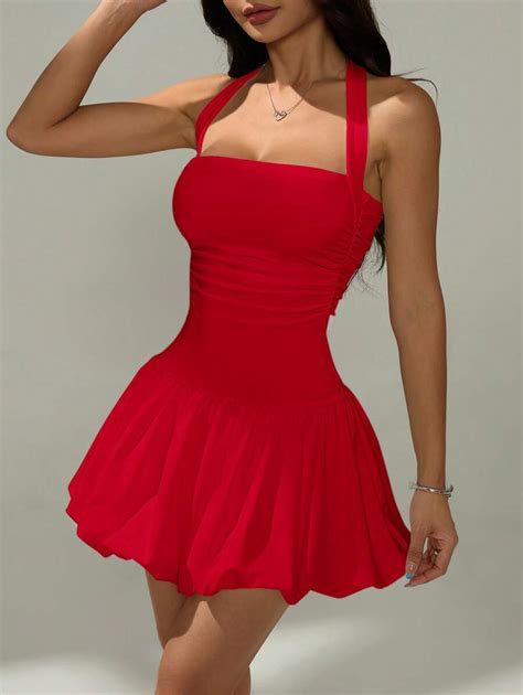 SHEIN PETITE Women's Tie Neck Backless Solid Color Simple Casual Mini ...